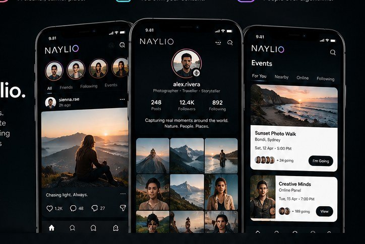 NAYLIO app interface showing feed, profiles and conversations